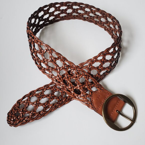 Lauren Ralph Lauren Wide Woven Brown Leather Belt Large Ring Buckle Length 38" - Picture 1 of 7